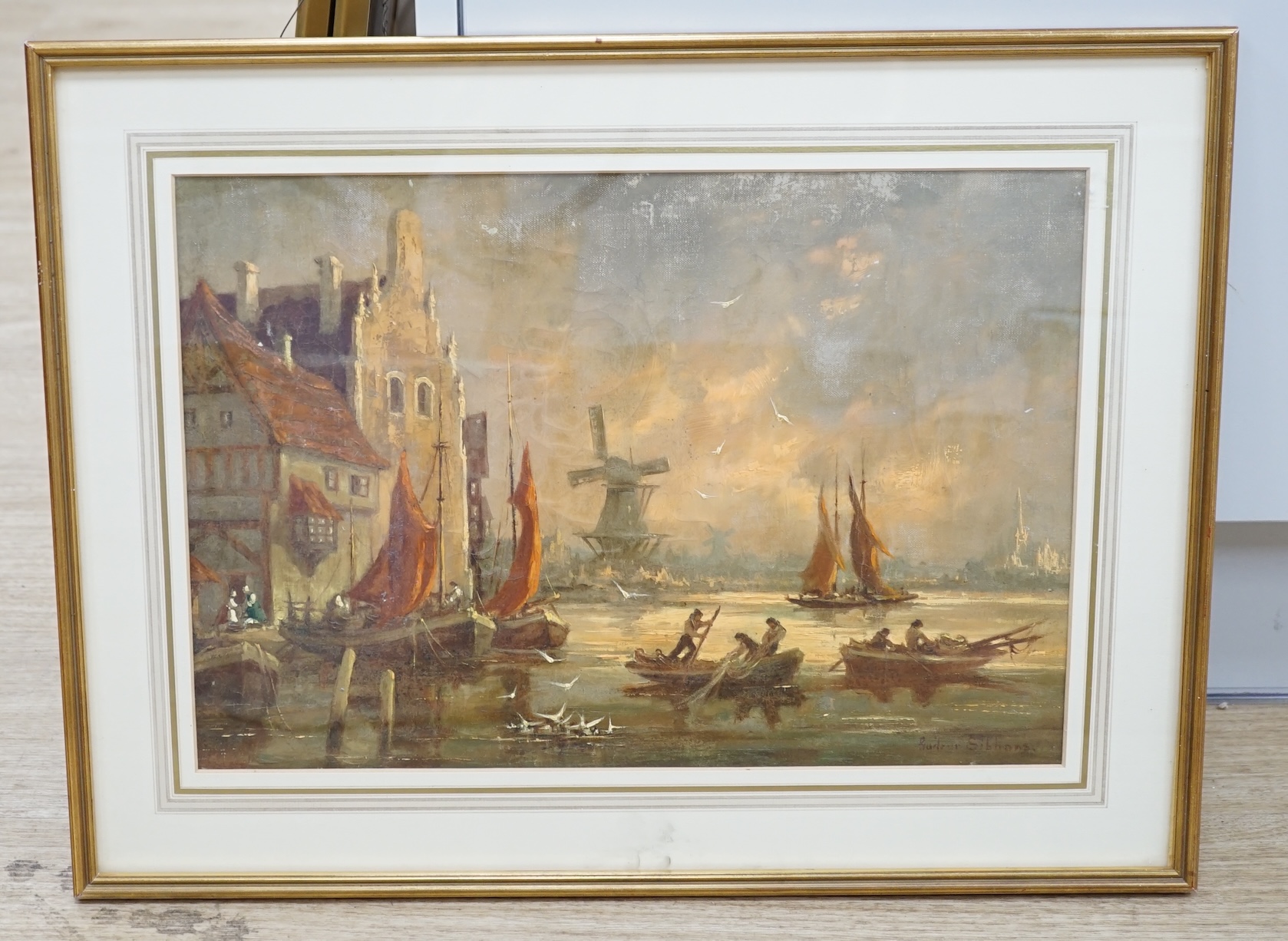 Gudrun Sibbons (German, 1925-2000), oil on canvas, Dutch harbour view with fishing boats, signed, 28 x 41cm. Condition - poor to fair, craquelure throughout